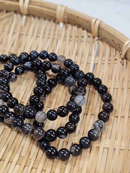 8mm Black Banded Agate Bead Bracelet