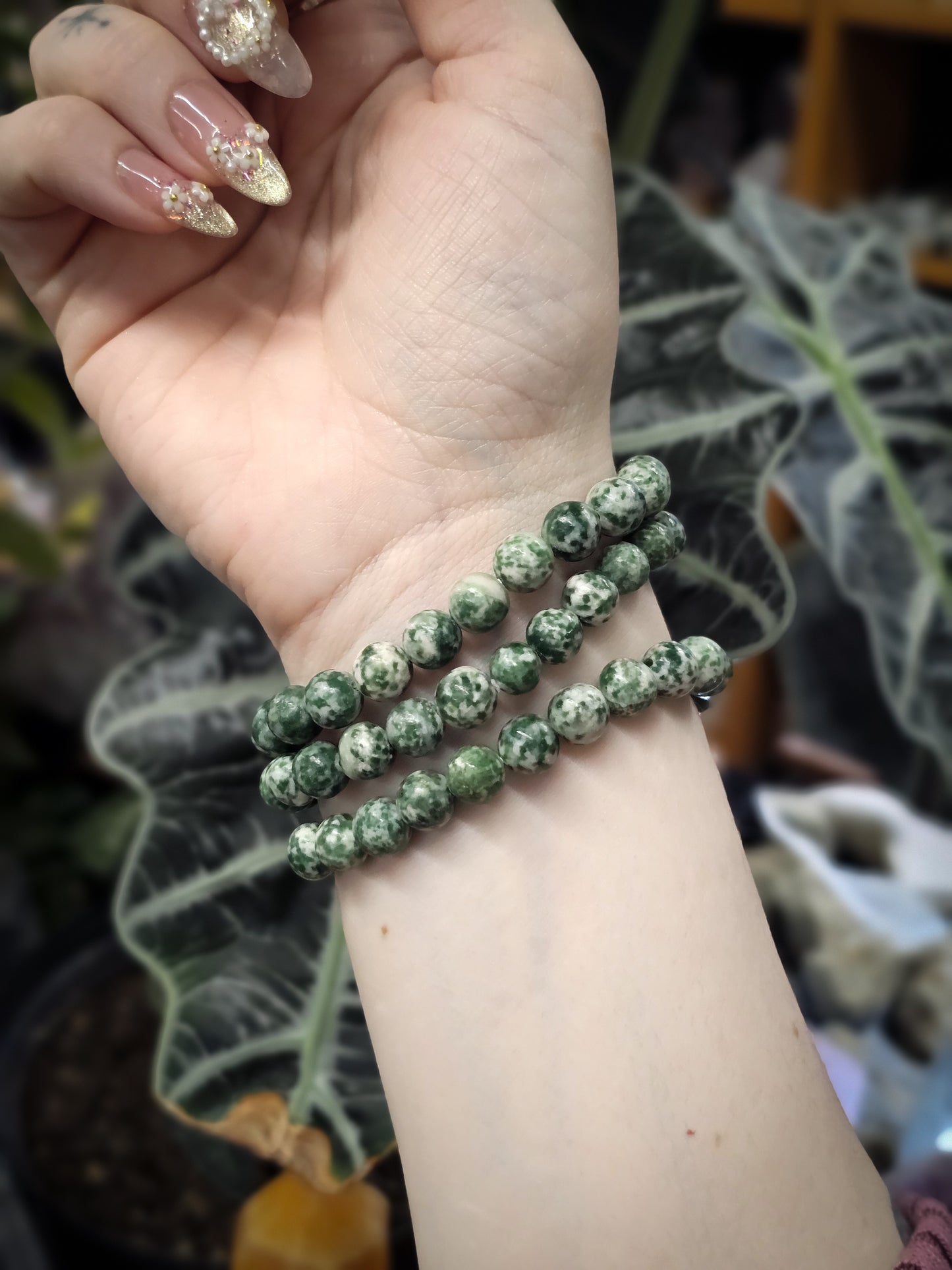 8mm Green Spot Jasper Bead Bracelet