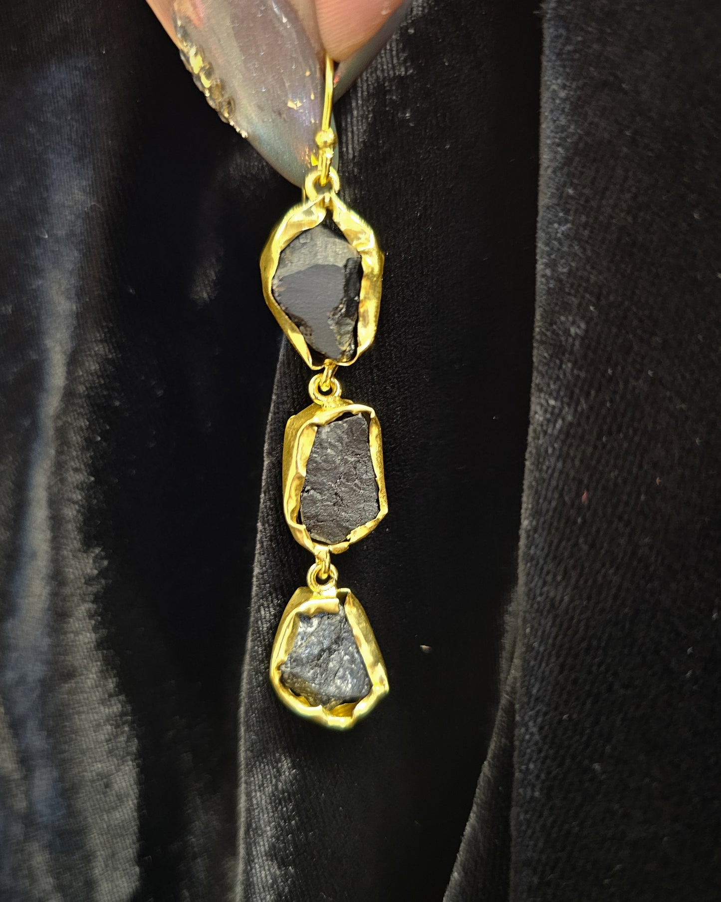 Raw Black Tourmaline Earrings - Triple Drop