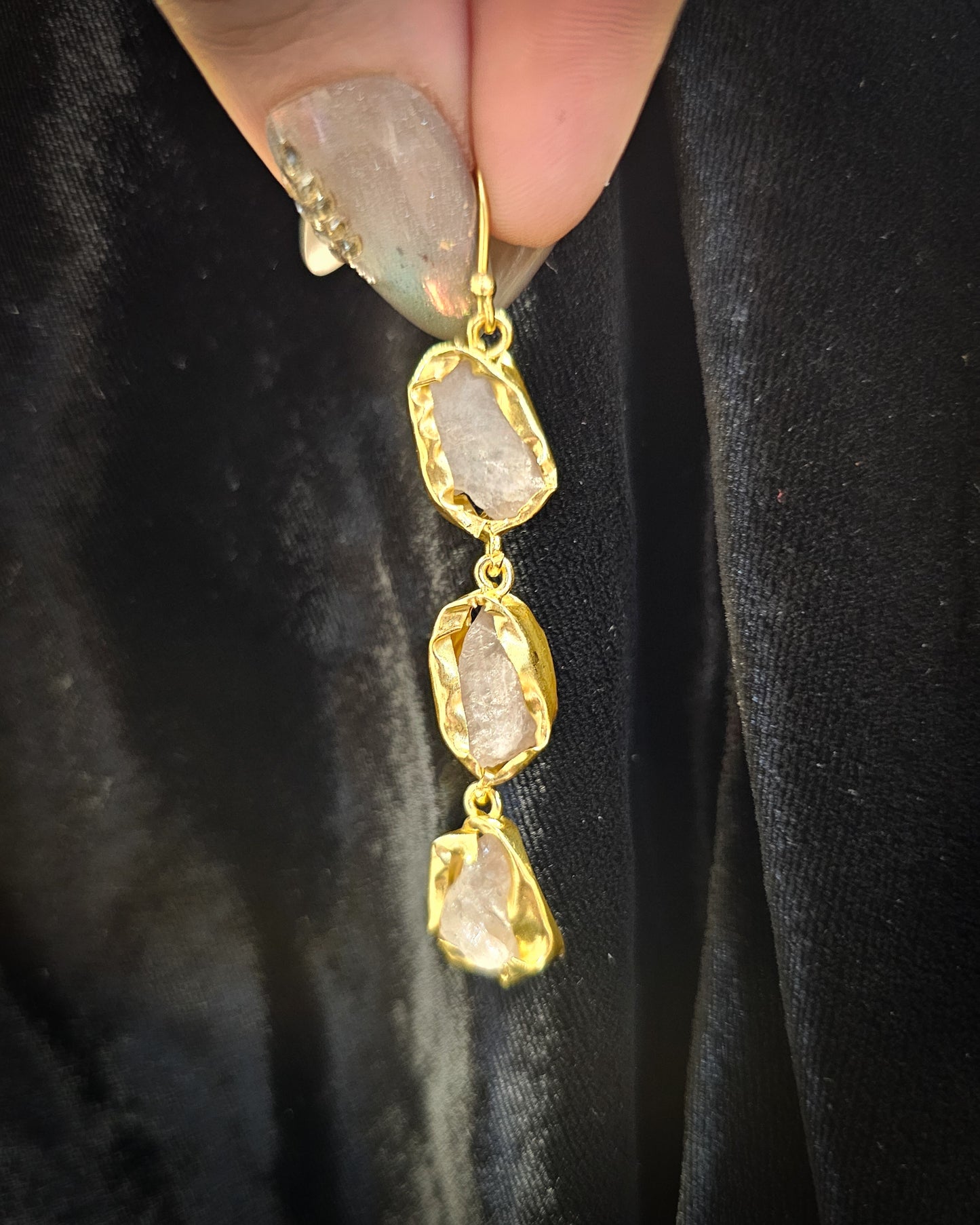 Raw Rose Quartz Earrings - Triple Drop
