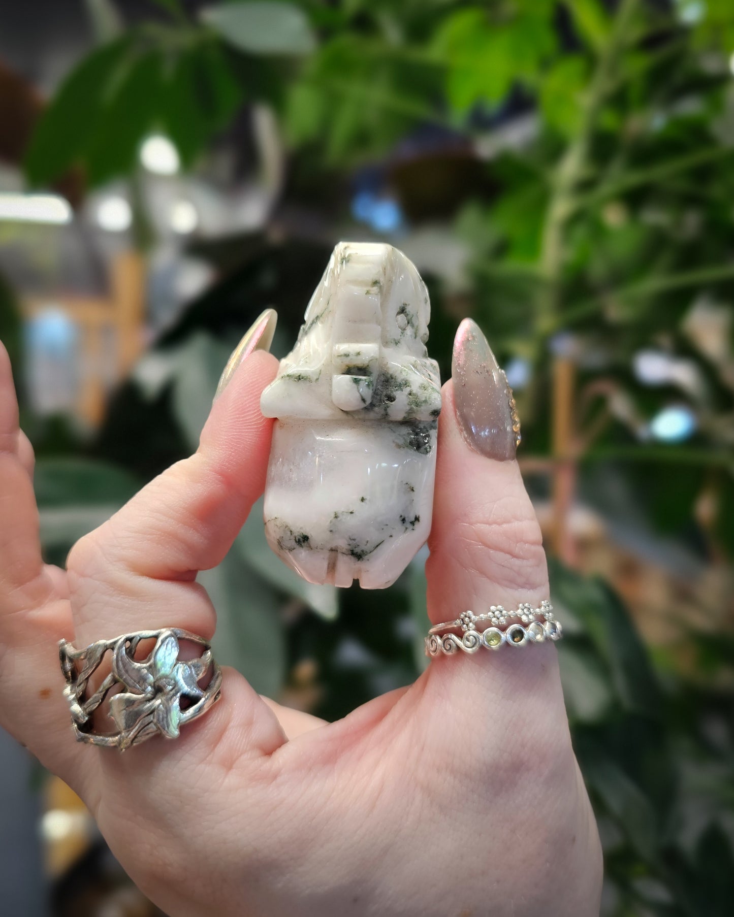 Moss Agate Elephant Carving