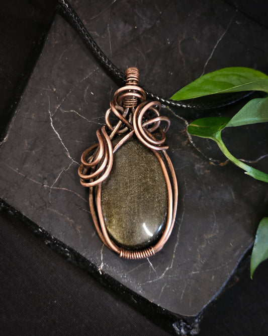 Copper Wrapped Gold Sheen Obsidian Pendant