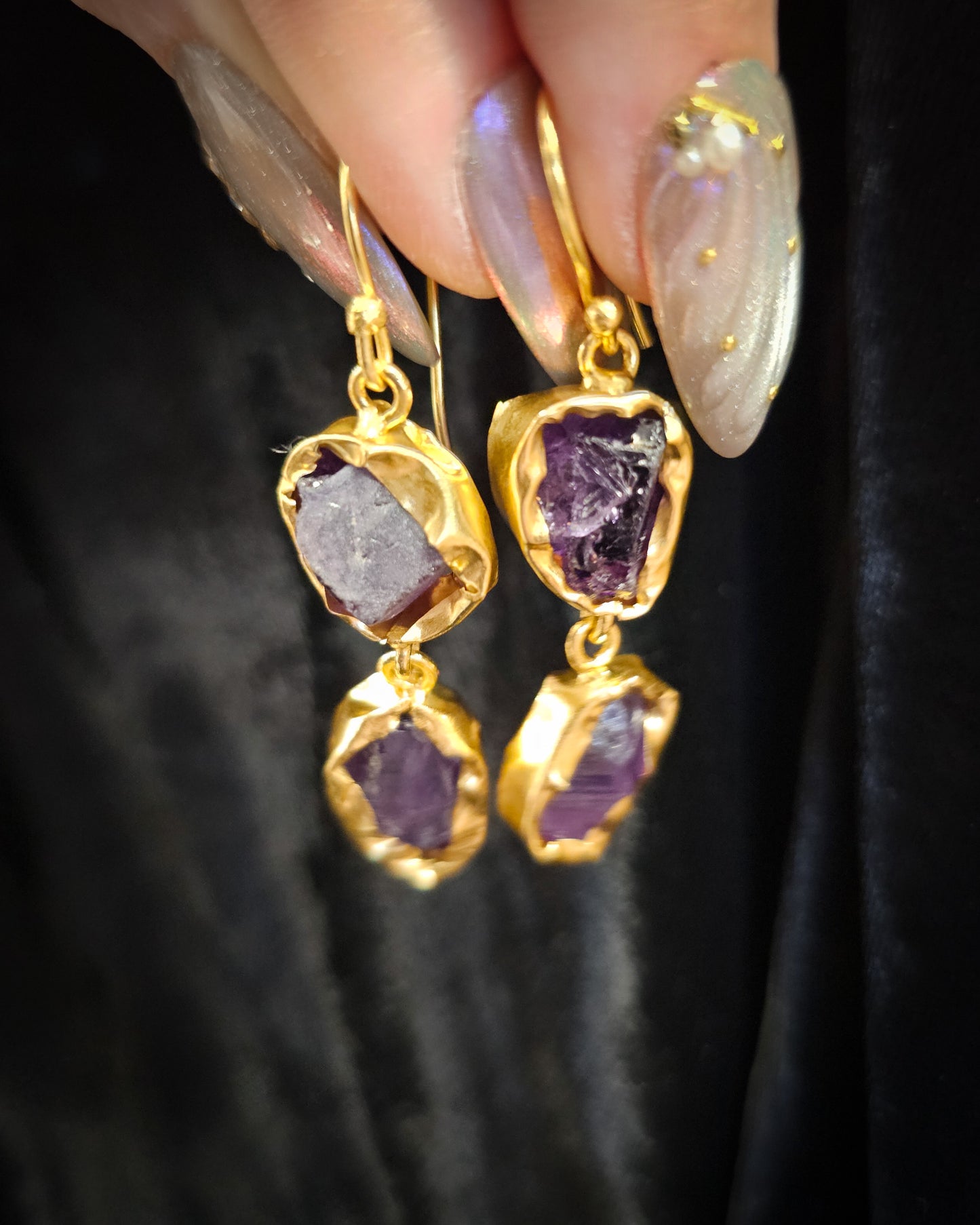 Raw Amethyst Earrings - Double Drop