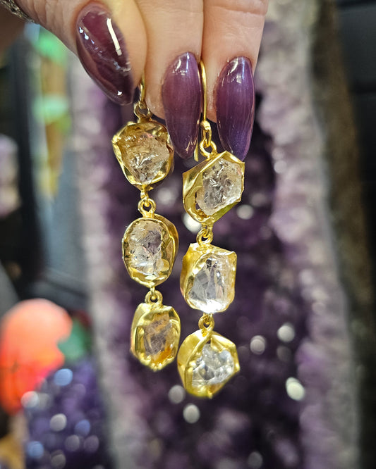 Raw Clear Quartz Earrings - Triple Drop