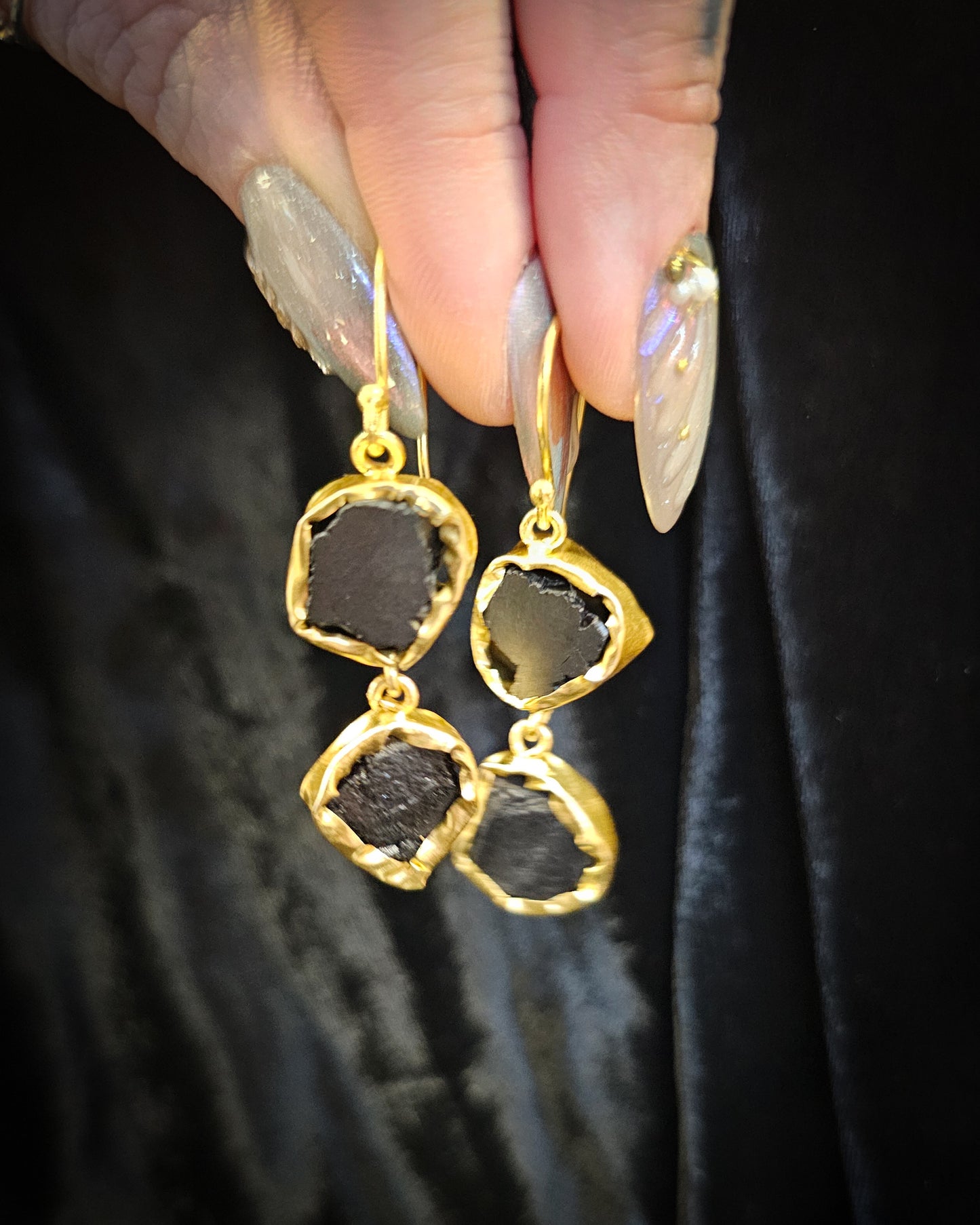 Raw Black Tourmaline Earrings - Double Drop