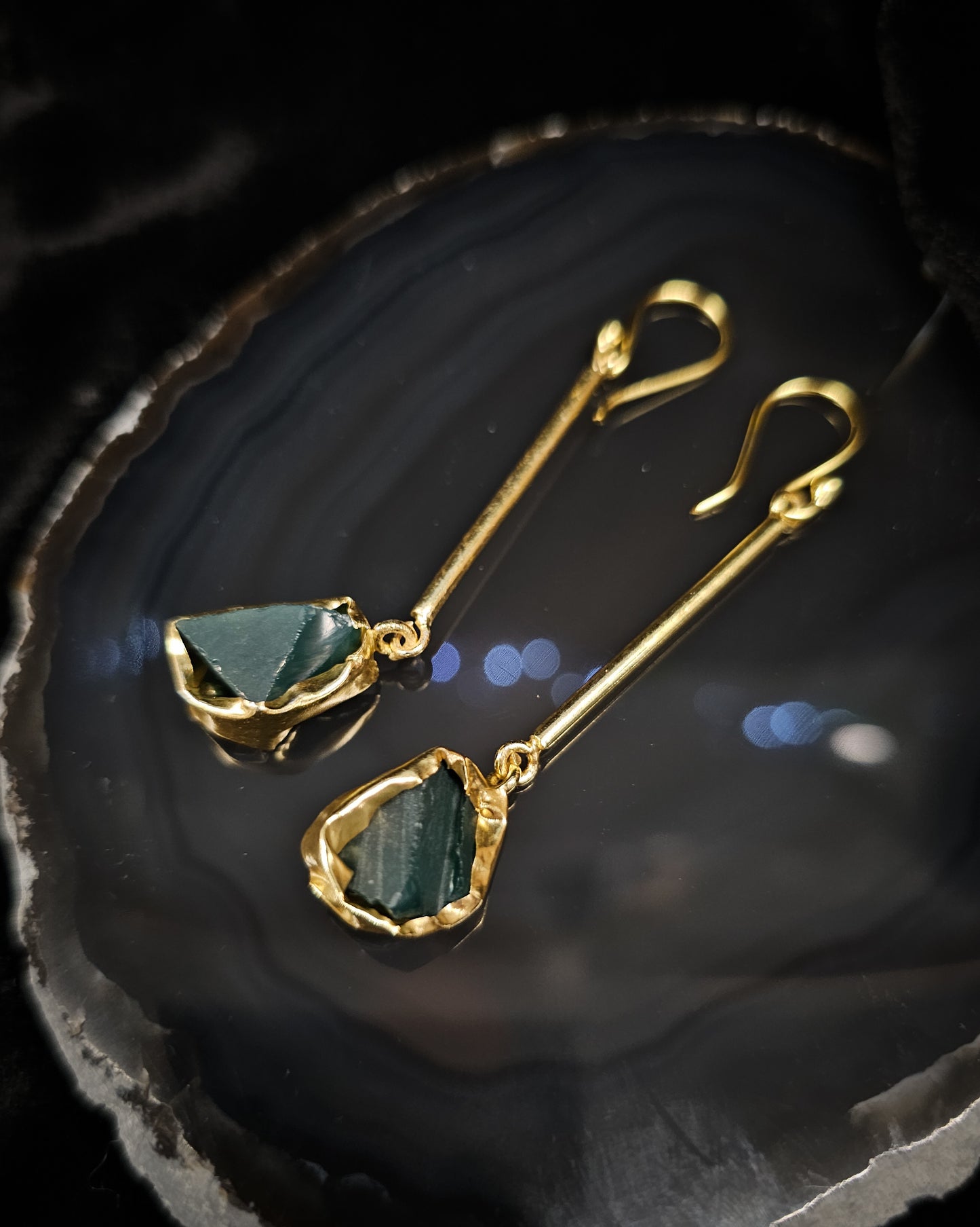 Raw Green Onyx Long Dangle Earrings