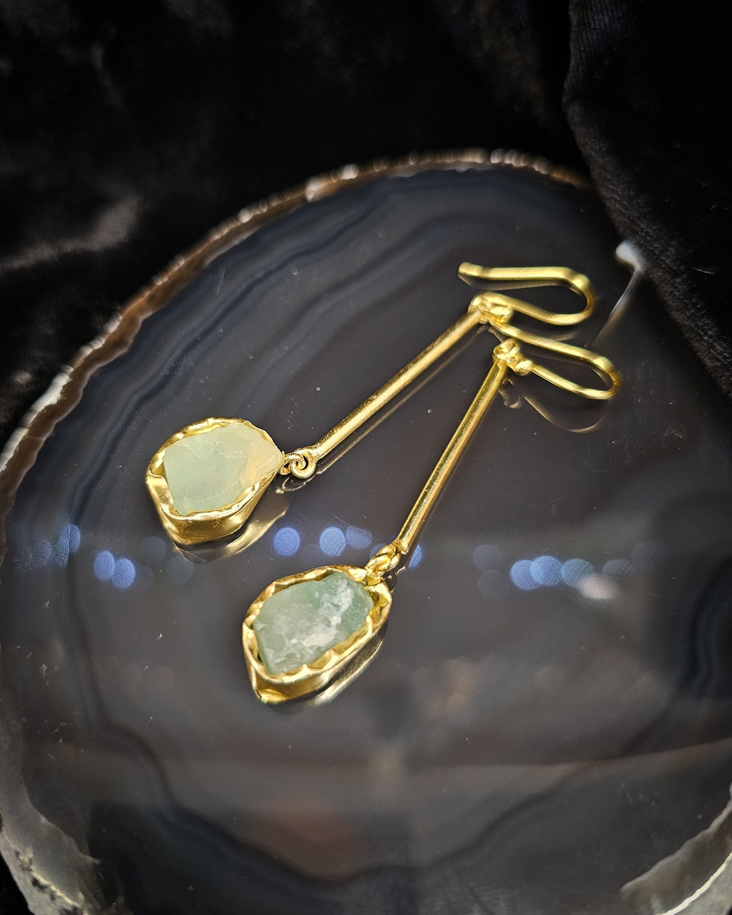 Raw Prehnite Long Dangle Earrings