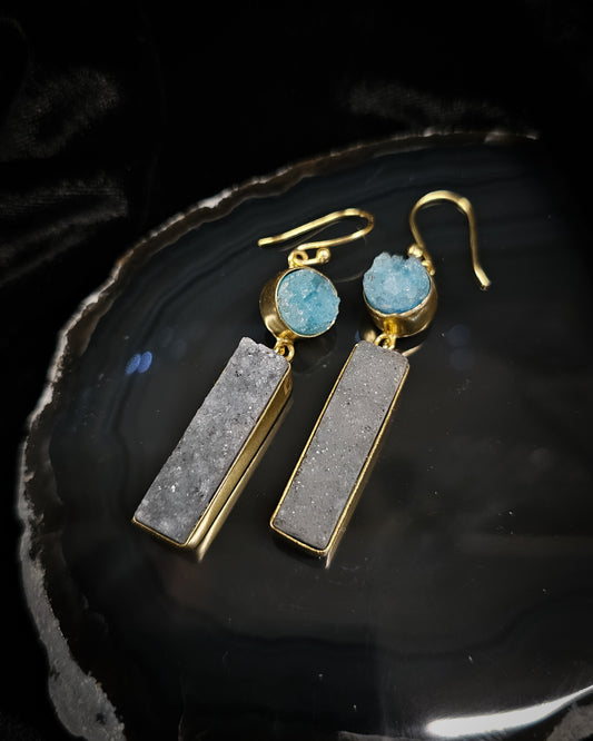 Gold Plated Blue/Grey Druze Earrings