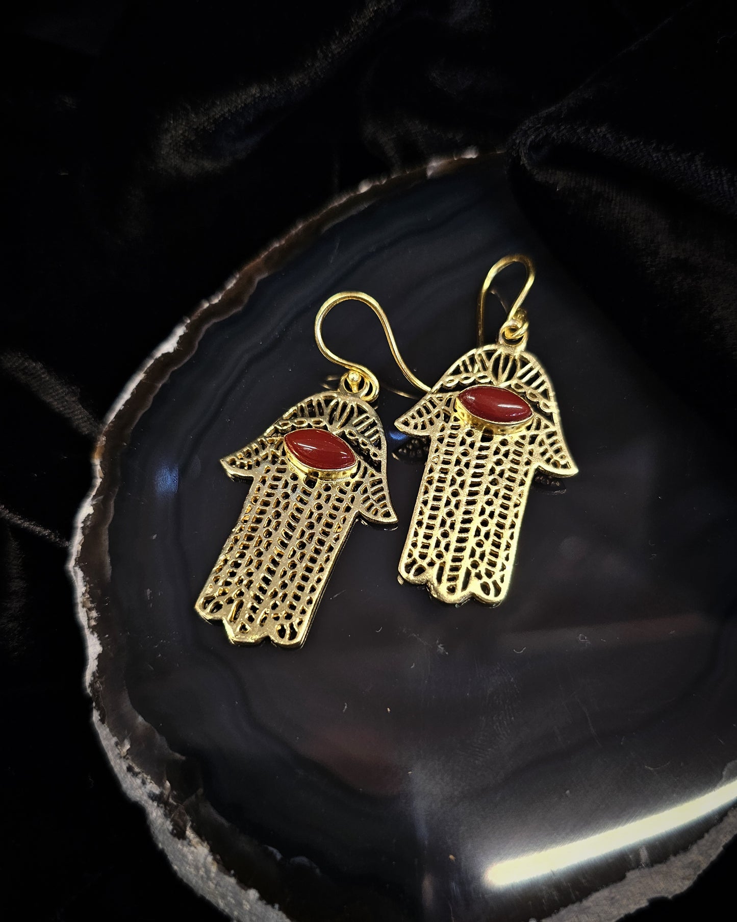 Gold Plated Carnelian Hamsa Earrings