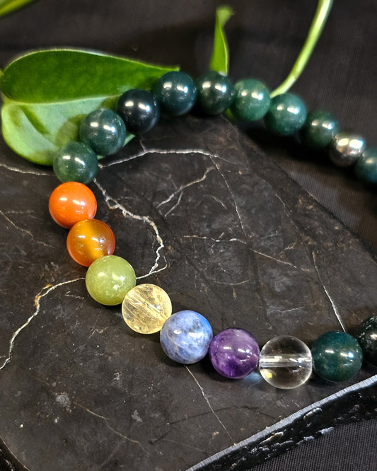 8mm Moss Agate 7 Chakra Bead Bracelet