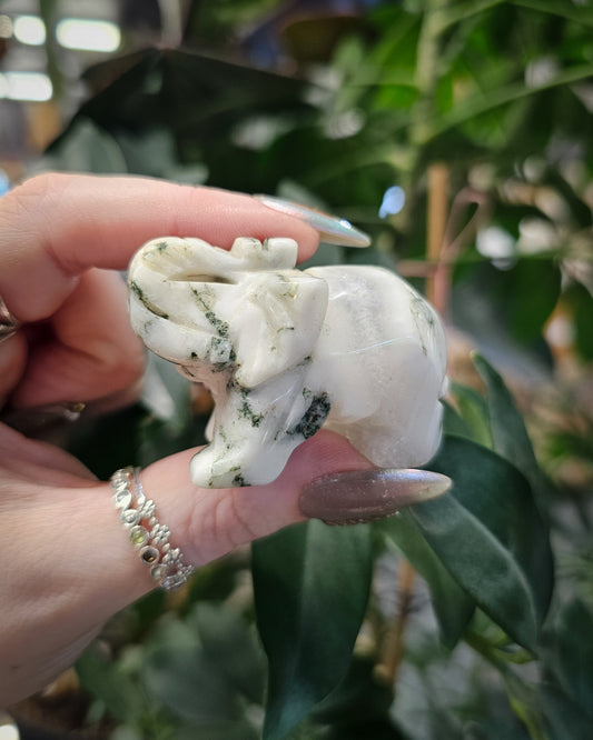 Moss Agate Elephant Carving
