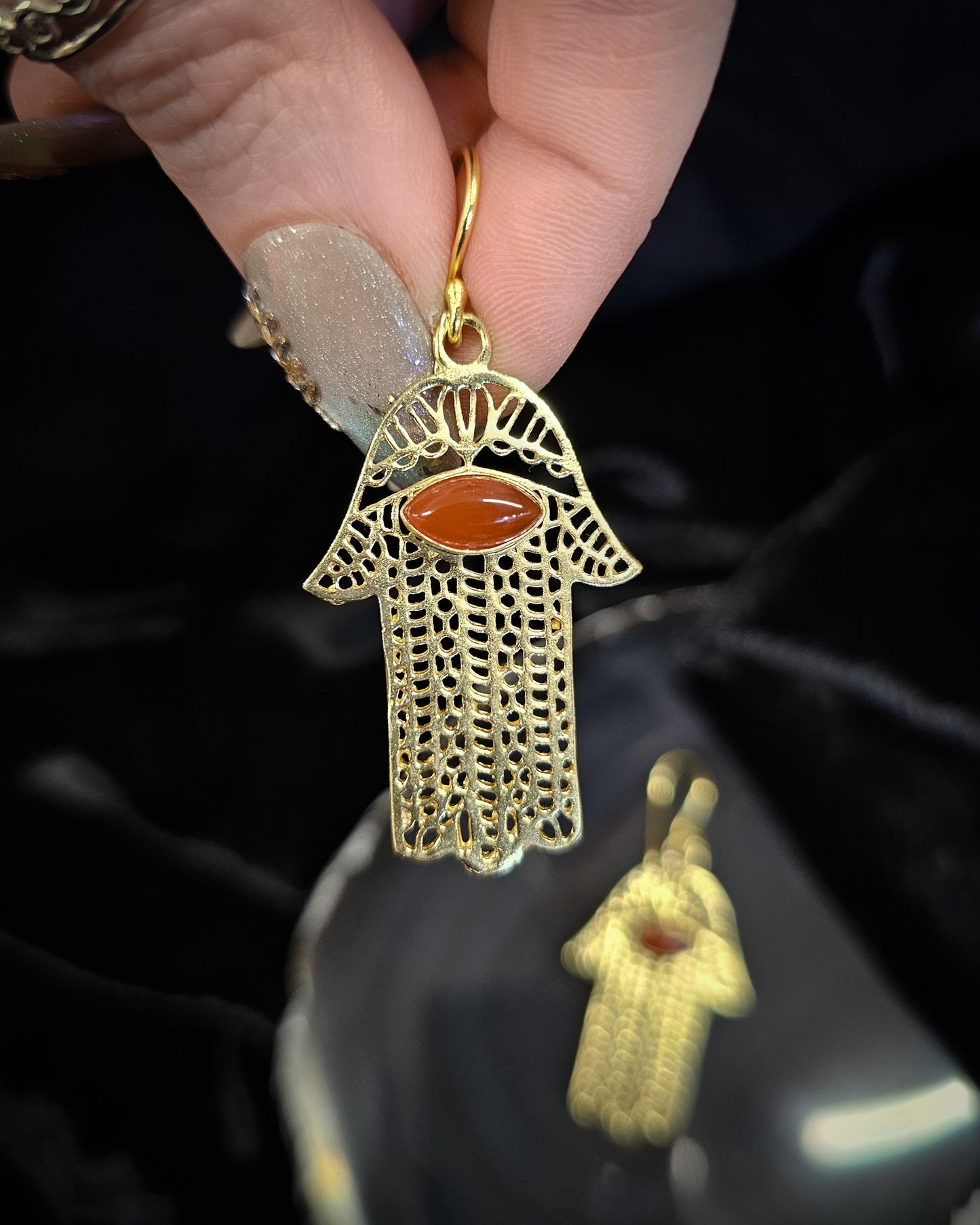 Gold Plated Carnelian Hamsa Earrings
