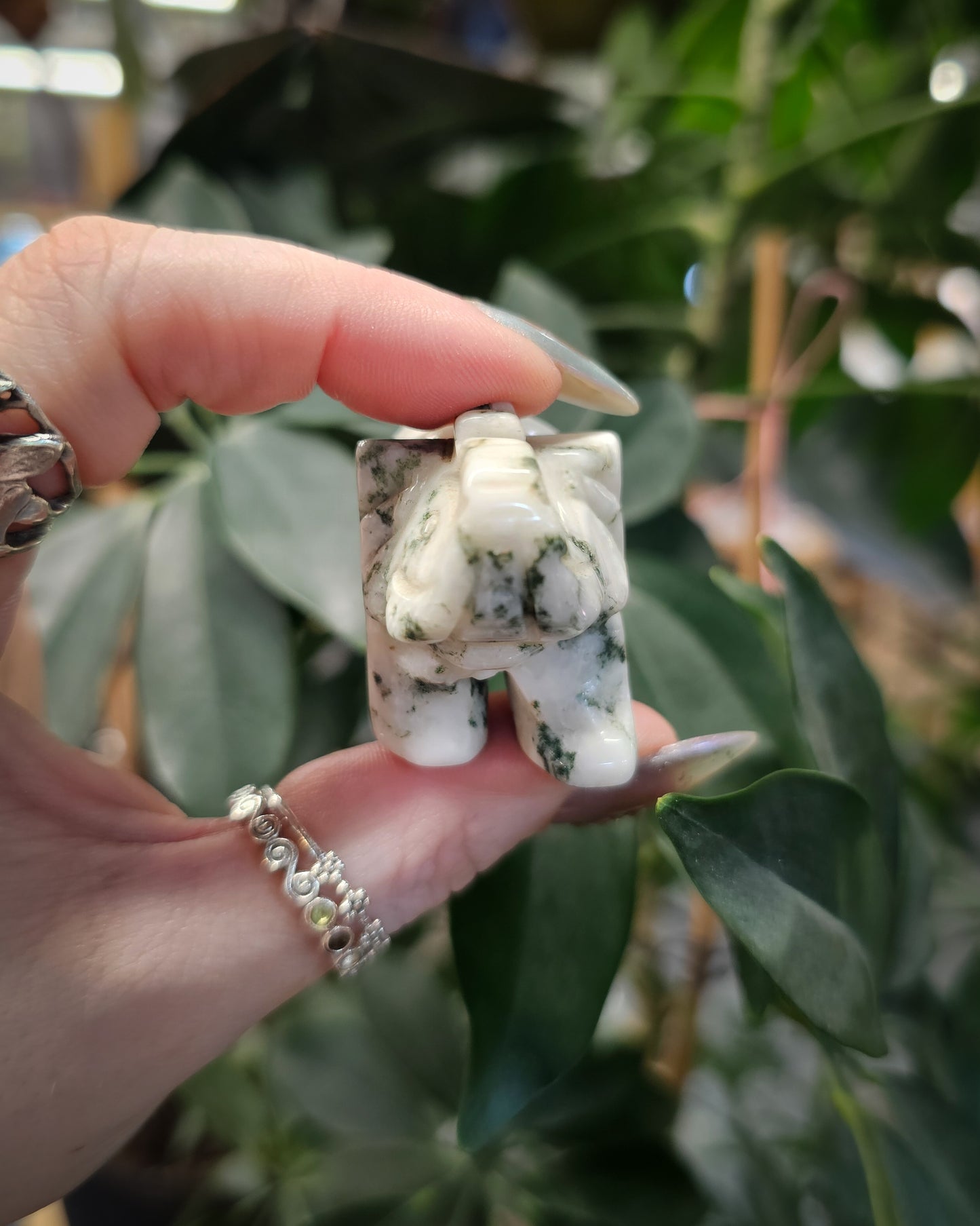 Moss Agate Elephant Carving