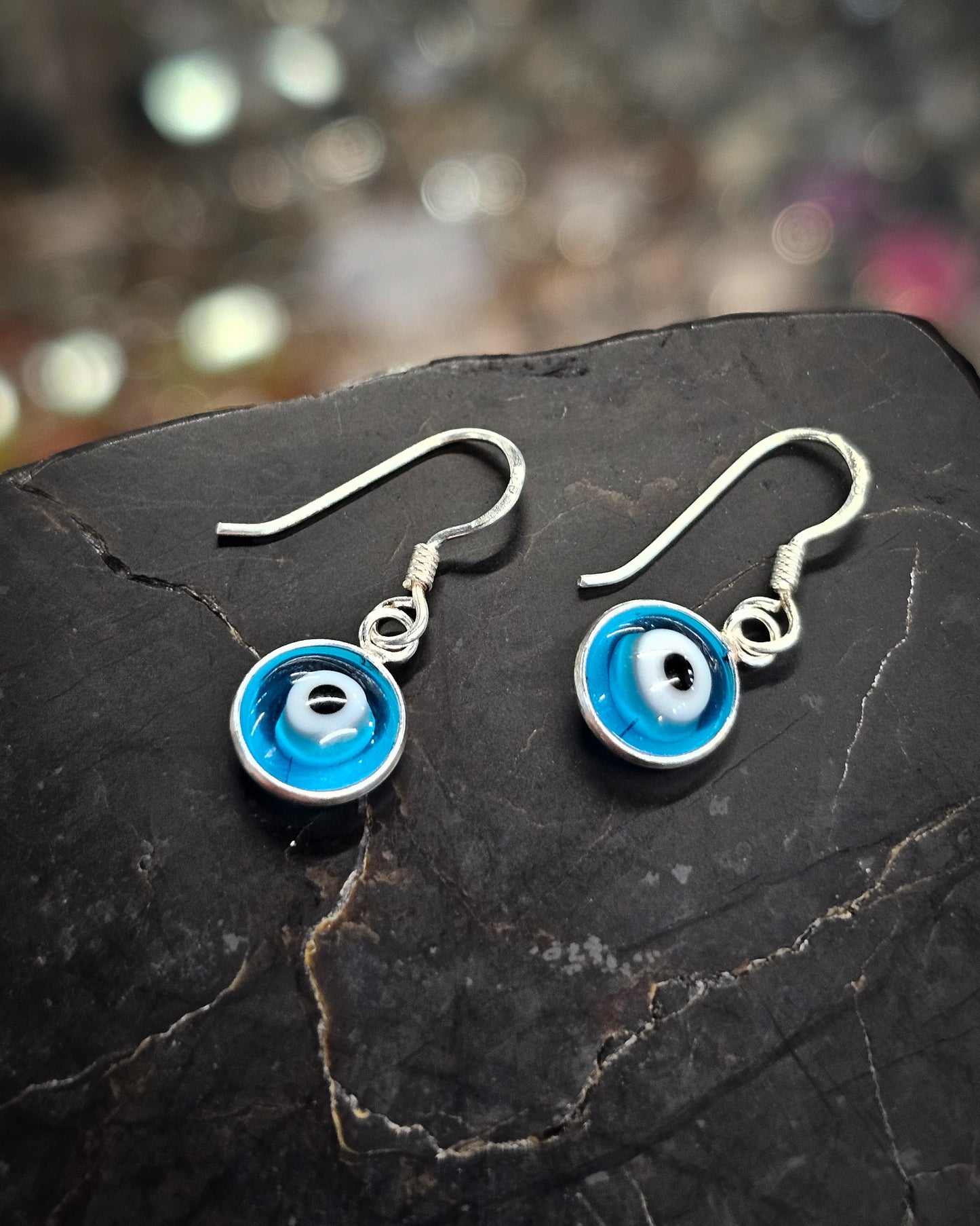 Small Light Blue Evil Eye Earrings