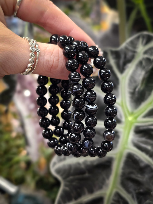8mm Black Banded Agate Bead Bracelet