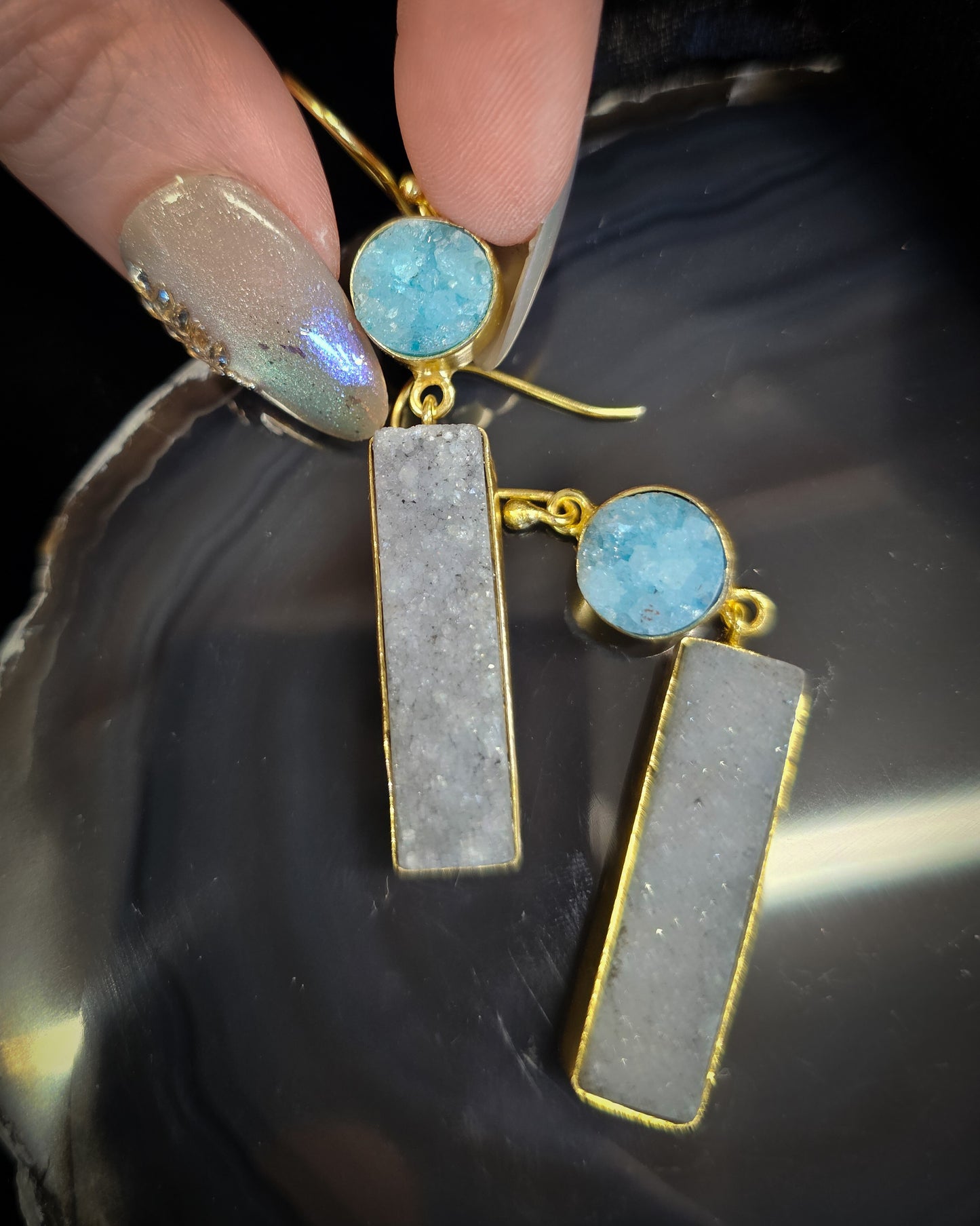 Gold Plated Blue/Grey Druze Earrings