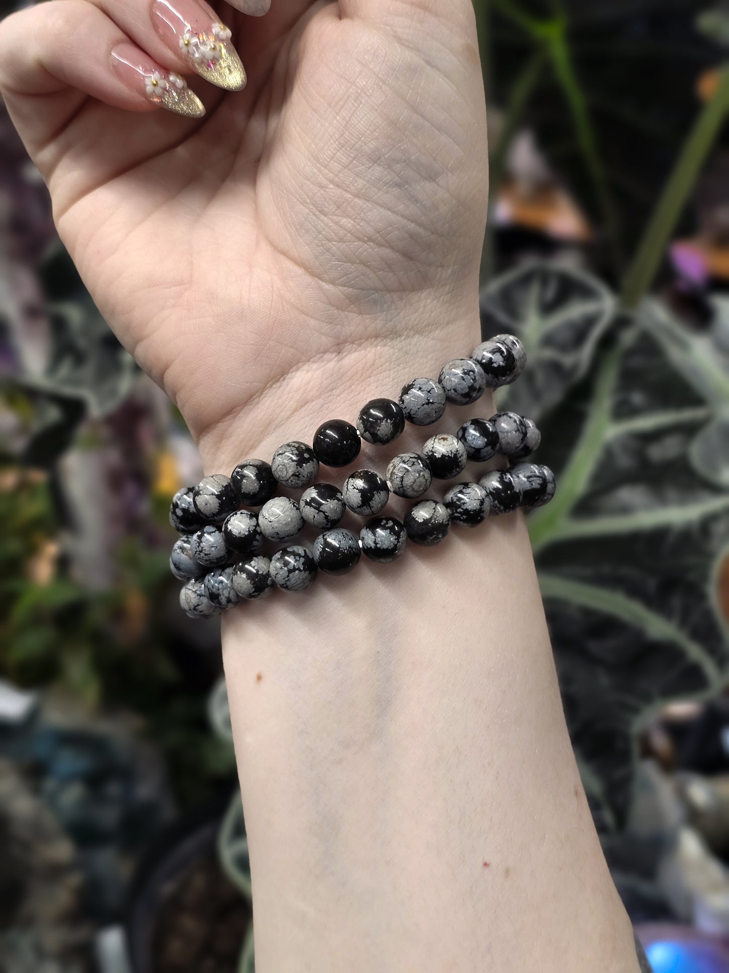 8mm Snowflake Obsidian Bead Bracelet