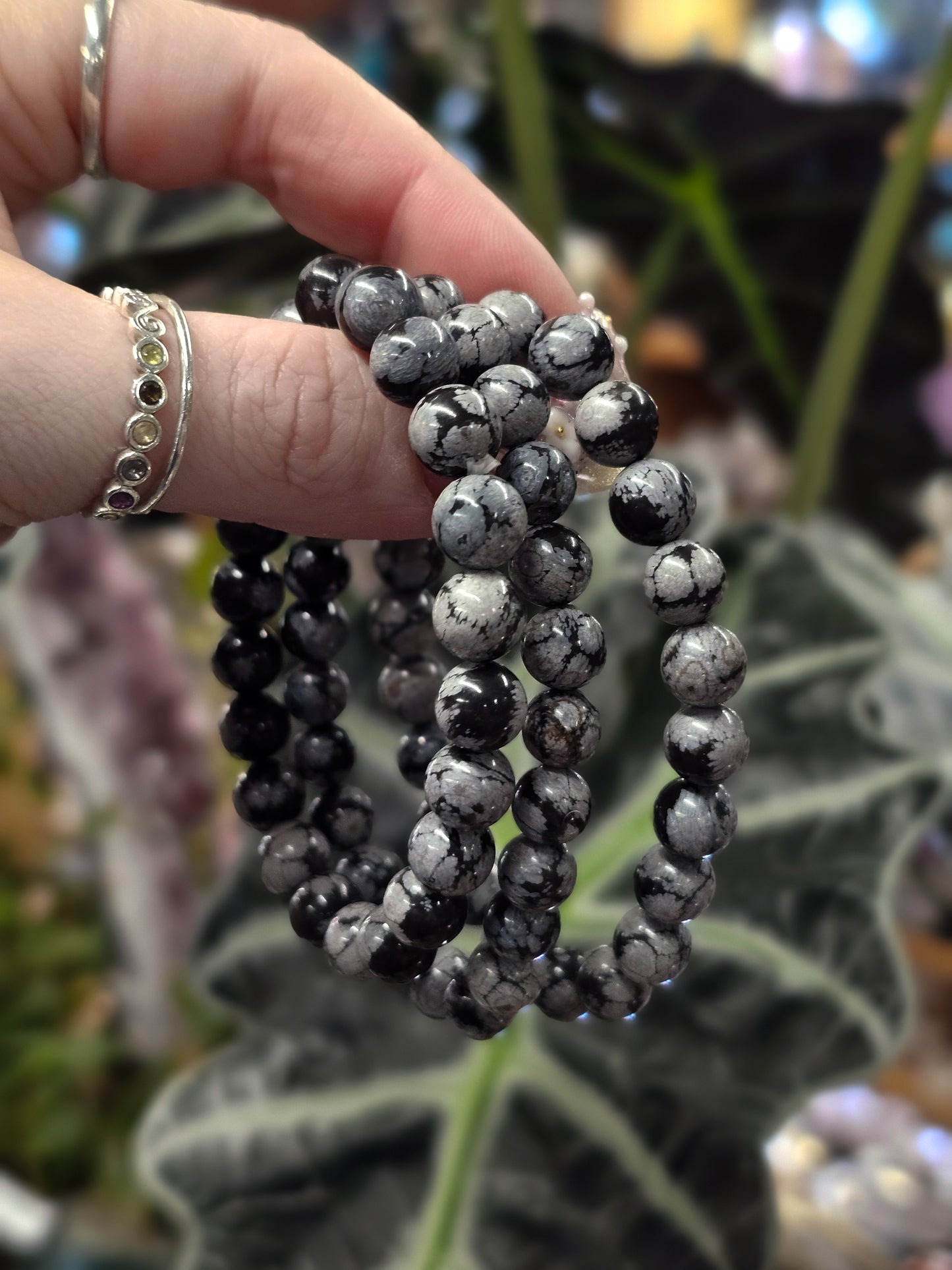 8mm Snowflake Obsidian Bead Bracelet
