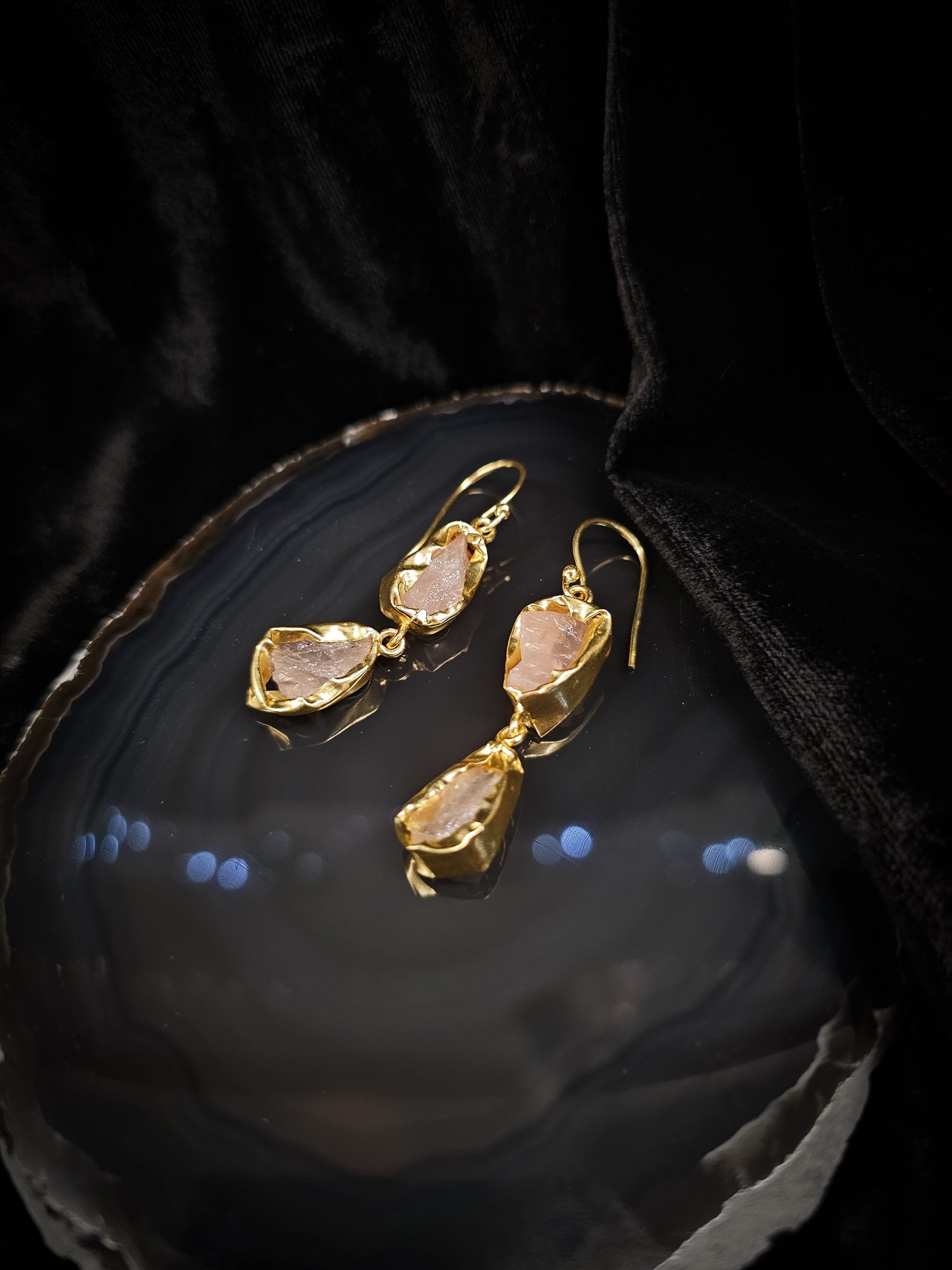Raw Rose Quartz Earrings - Double Drop