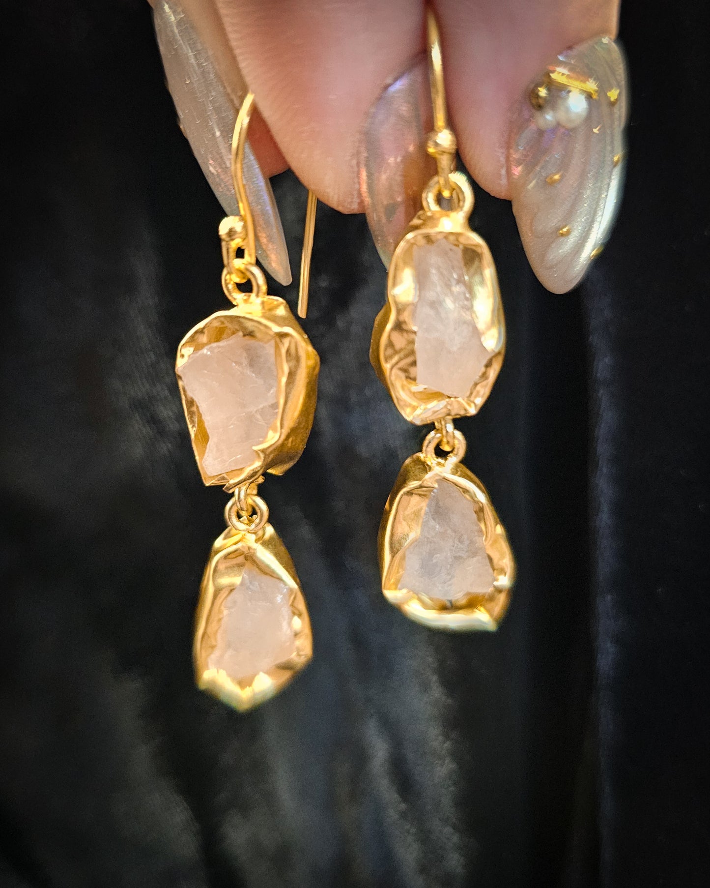 Raw Rose Quartz Earrings - Double Drop