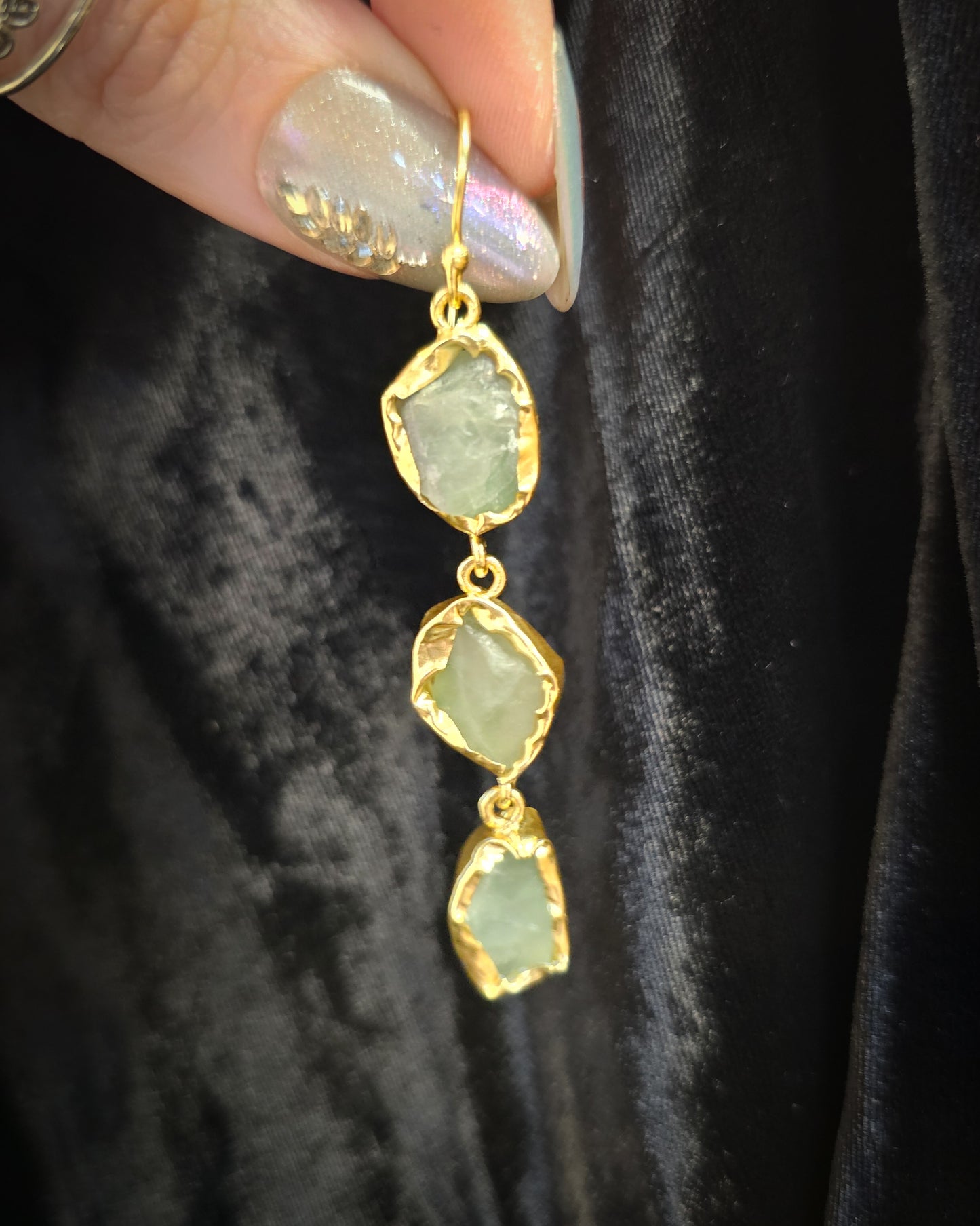 Raw Prehnite Earrings - Triple Drop
