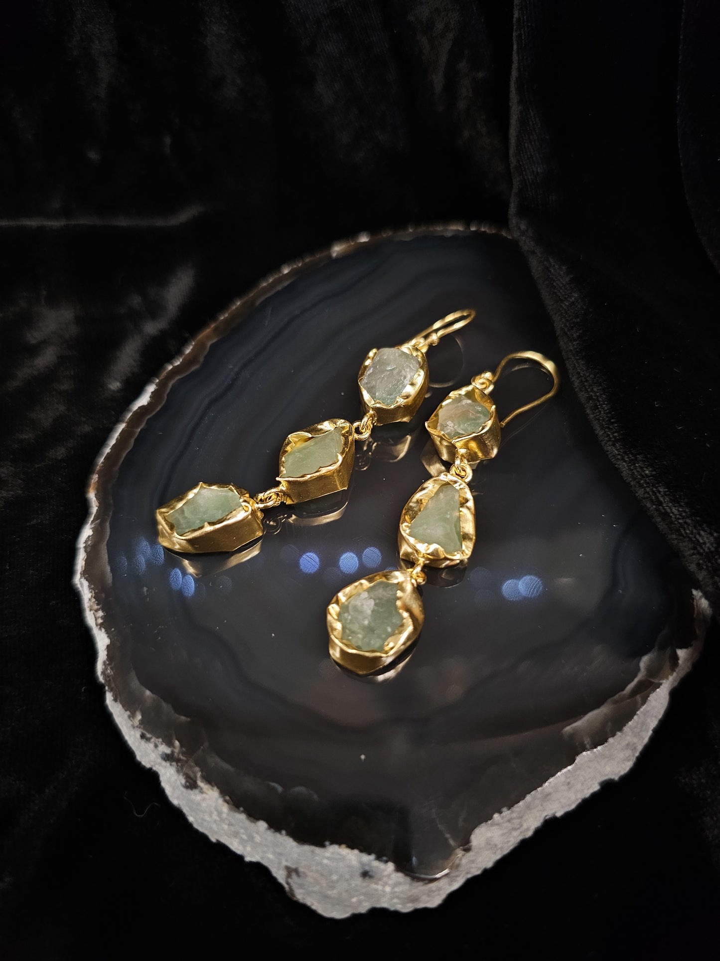 Raw Prehnite Earrings - Triple Drop