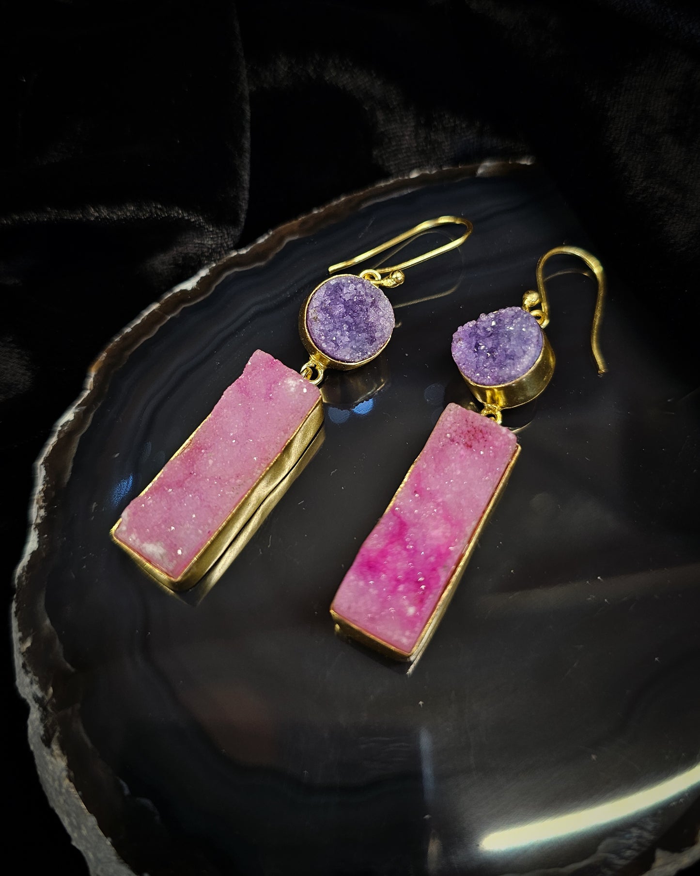 Gold Plated Pink/Purple Druze Earrings