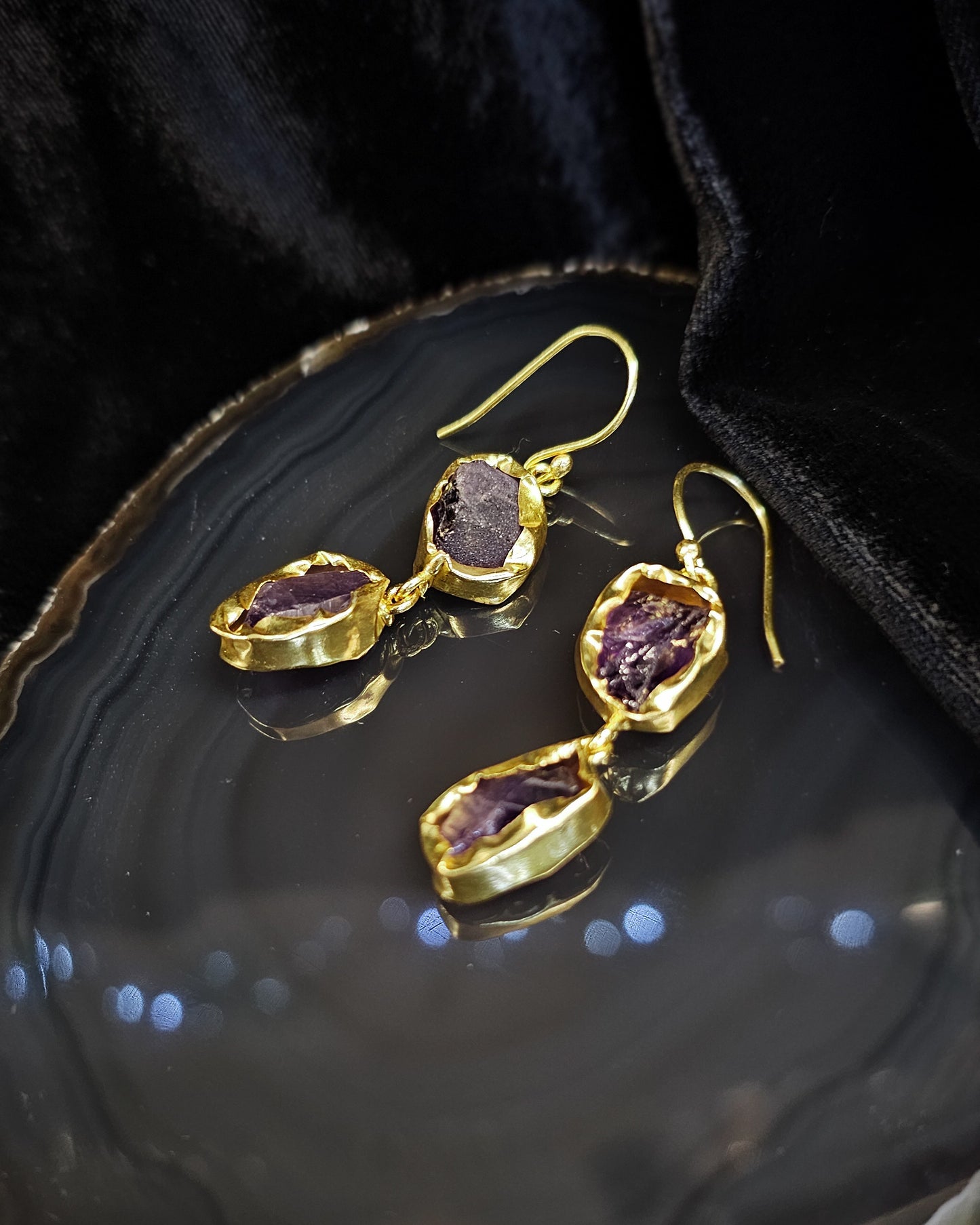 Raw Amethyst Earrings - Double Drop