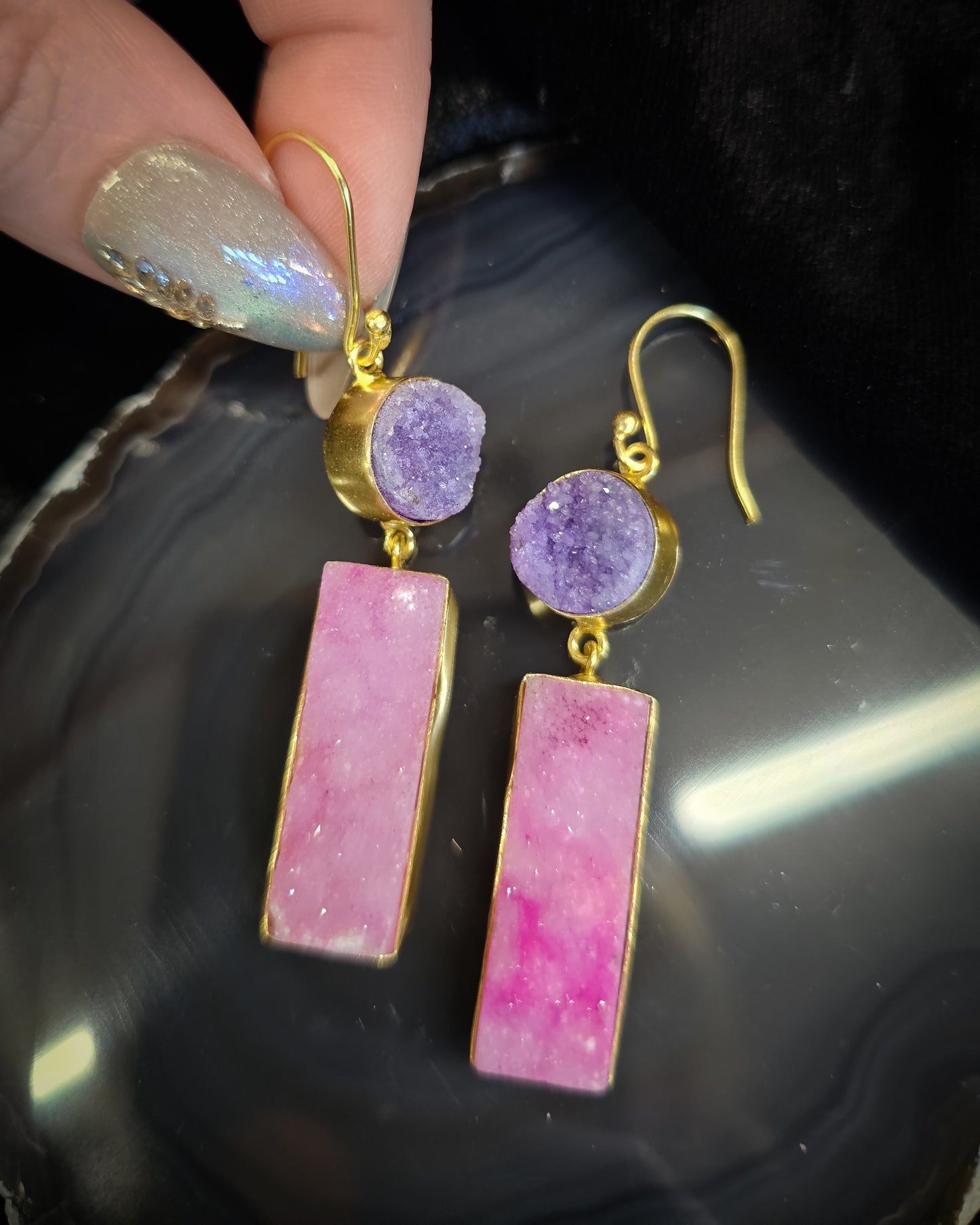 Gold Plated Pink/Purple Druze Earrings