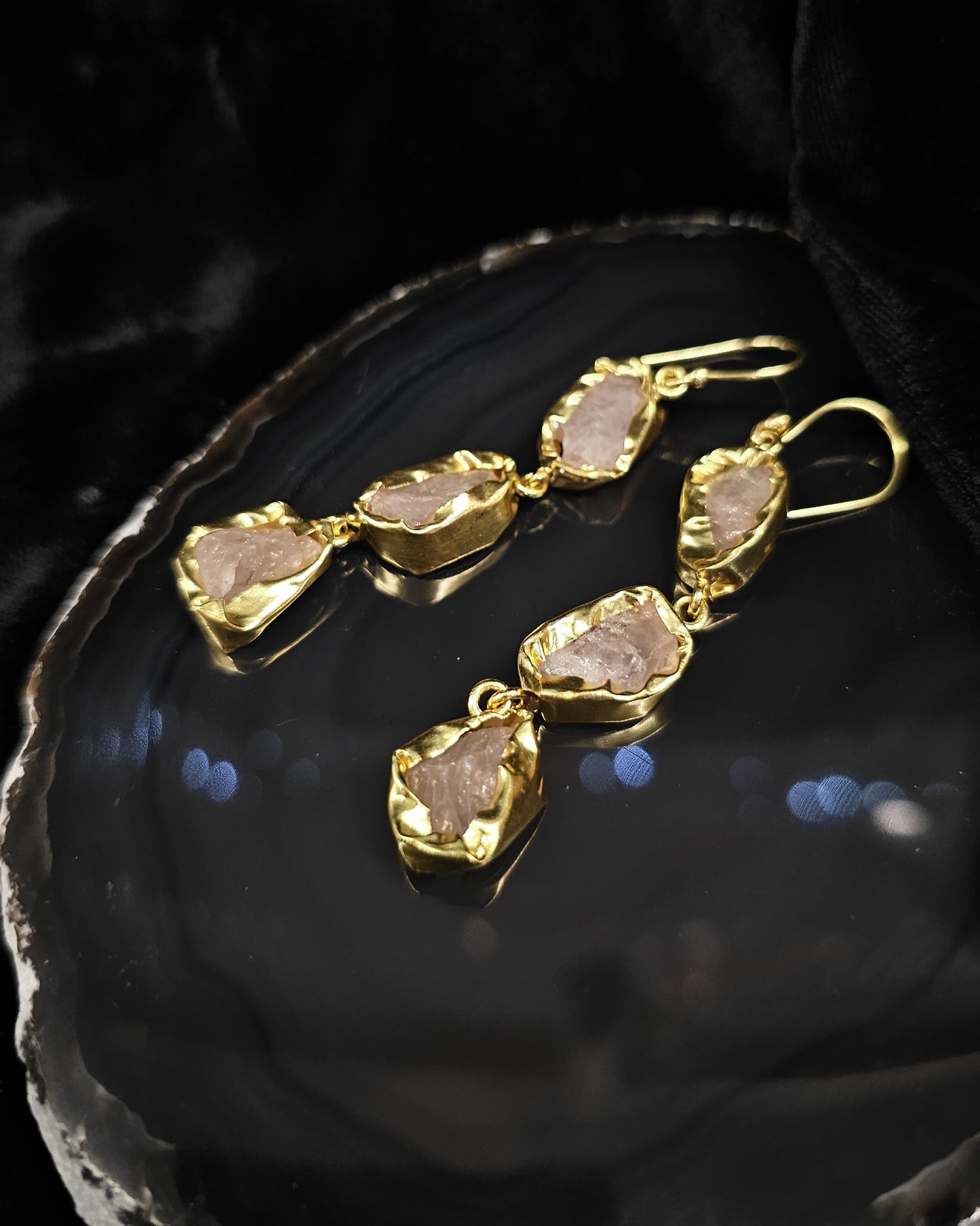Raw Rose Quartz Earrings - Triple Drop