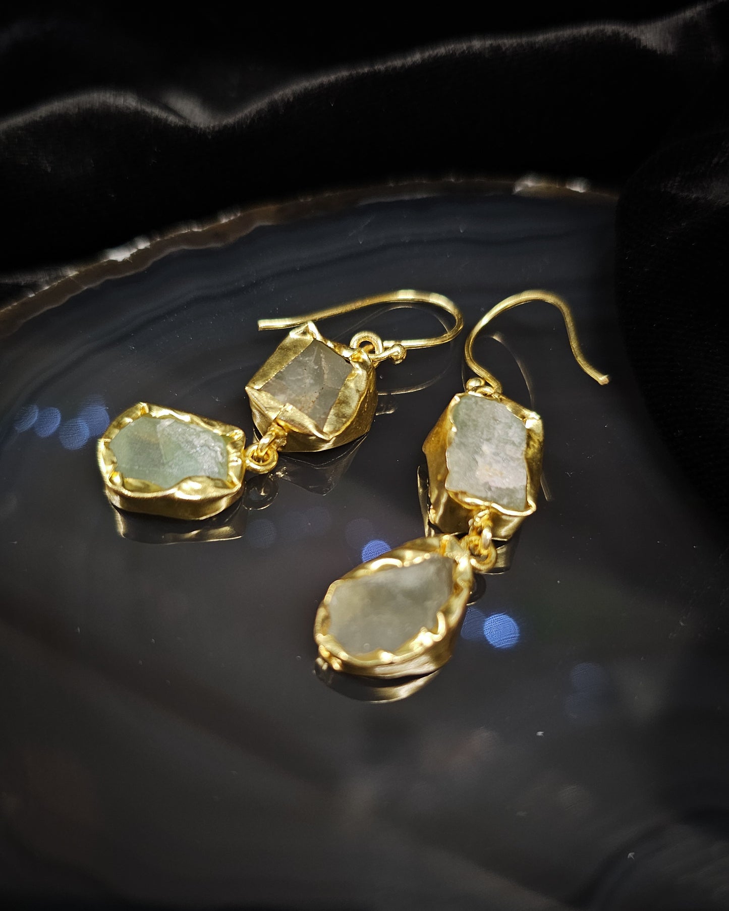 Raw Prehnite Earrings - Double Drop