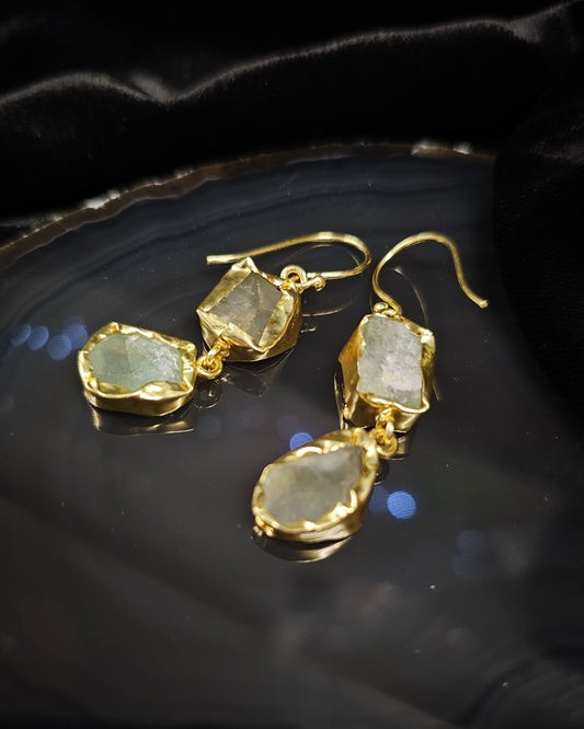 Raw Prehnite Earrings - Double Drop