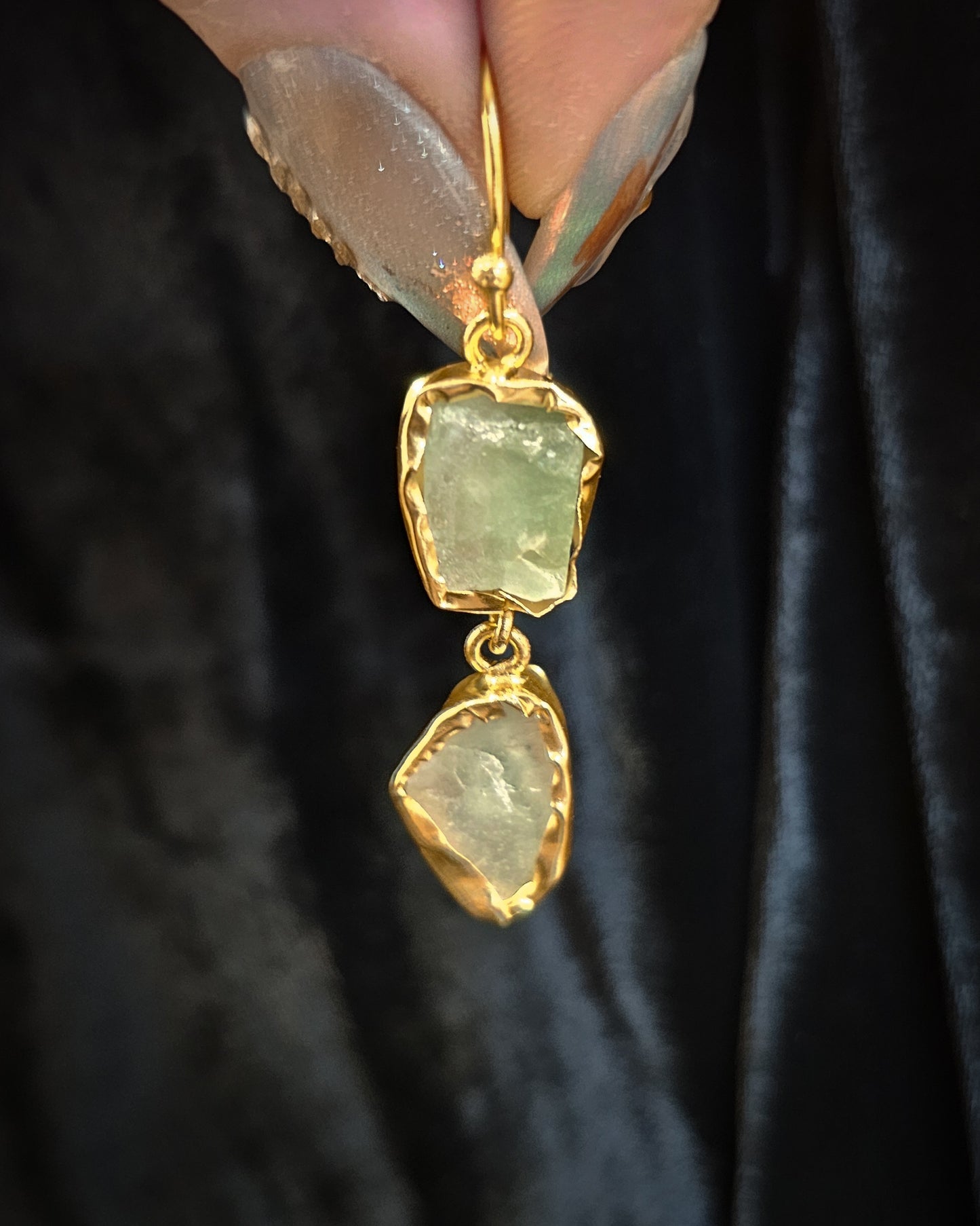 Raw Prehnite Earrings - Double Drop