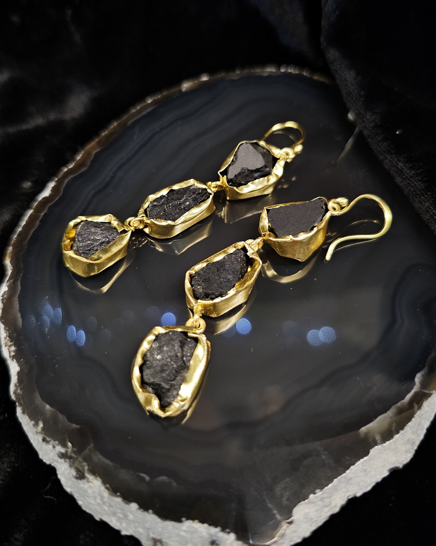Raw Black Tourmaline Earrings - Triple Drop