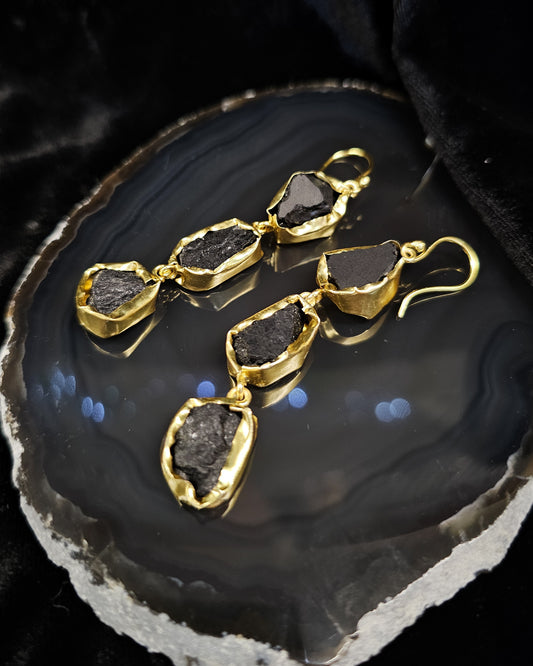 Raw Black Tourmaline Earrings - Triple Drop