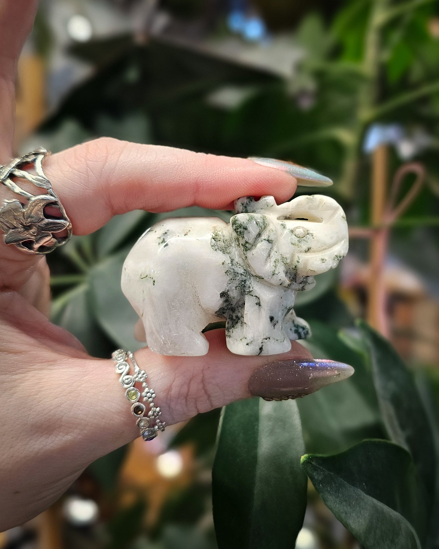 Moss Agate Elephant Carving