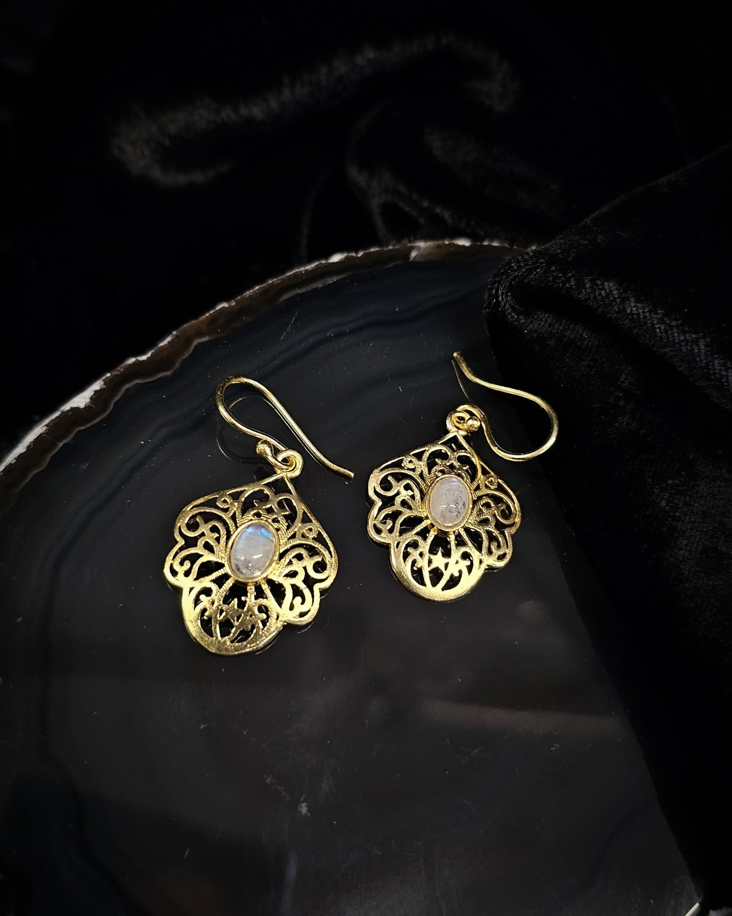 Gold Plated Moonstone Filigree Earrings