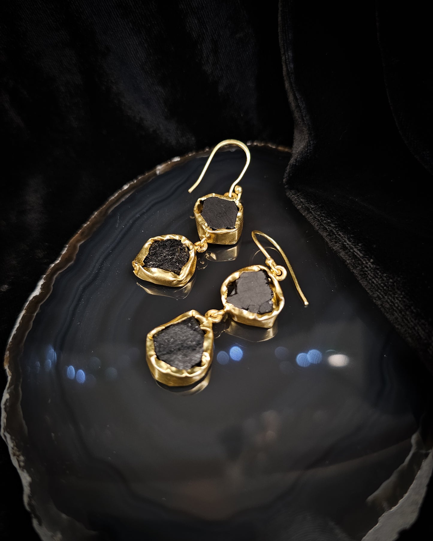 Raw Black Tourmaline Earrings - Double Drop
