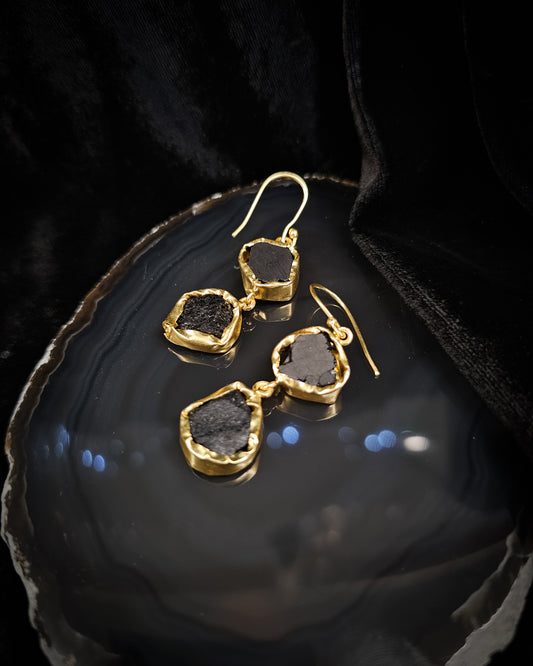 Raw Black Tourmaline Earrings - Double Drop